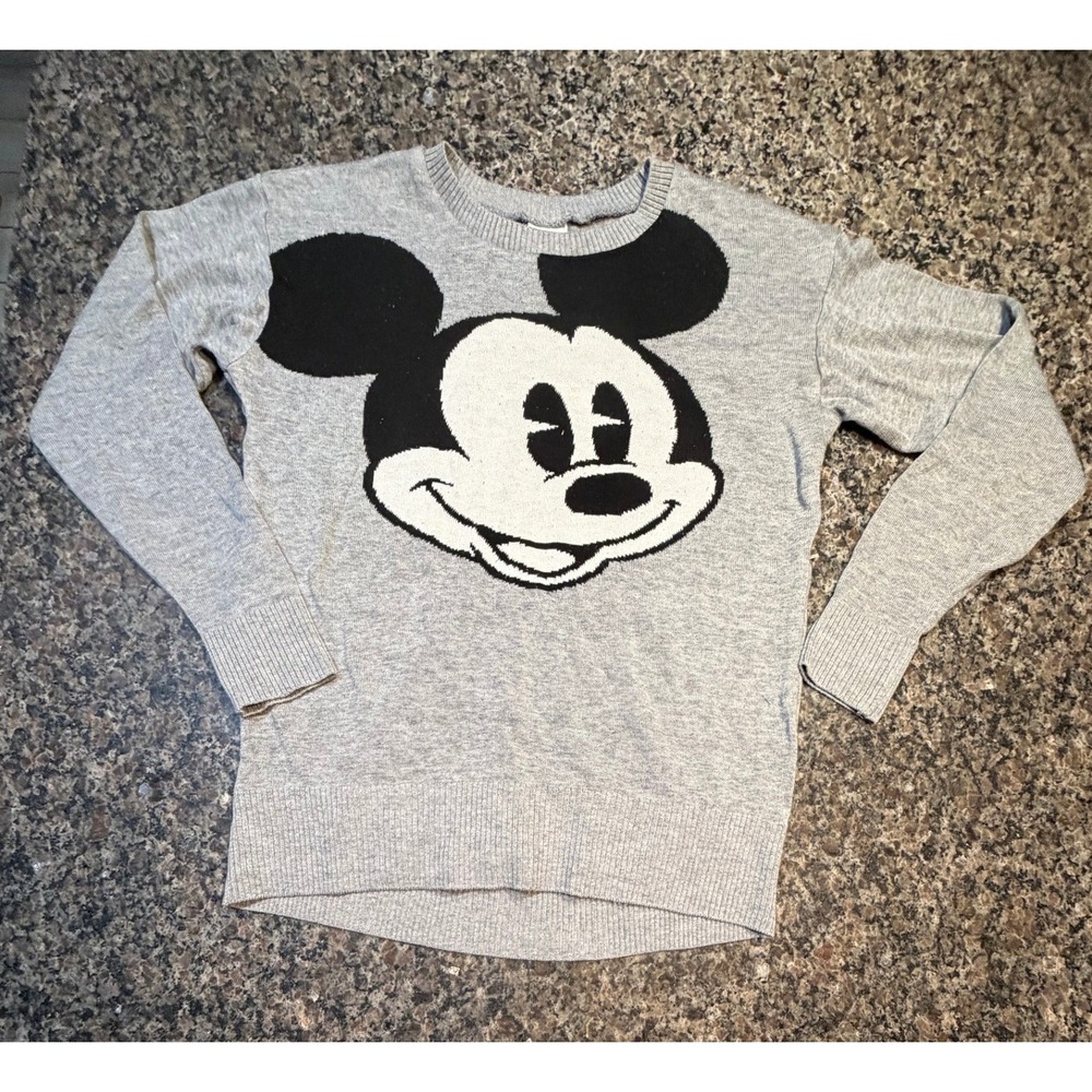 VTG Disney‎ Mickey Mouse Gray Knit Sweater Women L JW0465 Crewneck Pullover